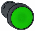 Кнопочный выкл. в сборе плоск., 1 упр. элемент зеленый круг. линза, 1НО 1НЗ IP20 с фиксацией, SE