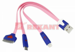 USB кабель для iPhone 5/4/microUSB 3 в1 светящиеся разъемы шнур 0.15М розовый Rexant (1/10/500)