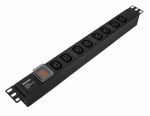 Hyperline SHE19-8IEC-S-IEC Блок розеток для 19" шкафов, горизонтальный, с выключателем с подсветкой, 8хIEC 320 C13, 10A, 250В, без кабеля питания, вхо
