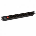 Hyperline SHE19-8SH-S-IEC Блок розеток для 19" шкафов, горизонтальный, с выключателем с подсветкой, 8 розеток Schuko (10А), 250В, без кабеля питания,