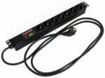 Hyperline SHE19-7SH-AV-2.5EU Блок розеток для 19" шкафов, горизонтальный, амперметр/вольтметр, 7 розеток Schuko (16A), 250В, кабель питания 3х1.5мм2,