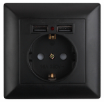 Розетка Intro Solo 4-410-05 с заземлением P+E Schuko со шторками, 16А-250В + 2хUSB, IP20, СУ, антрацит