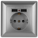 Розетка Intro Solo 4-410-03 с заземлением P+E Schuko со шторками, 16А-250В + 2хUSB, IP20, СУ, алюминий