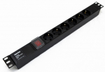 Hyperline SHE19-6SH-S-IEC Блок розеток для 19" шкафов, горизонтальный, с выключателем с подсветкой, 6 розеток Schuko (10А), 250В, без кабеля питания,