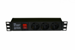Hyperline SHE10-3SH-S-IEC Блок розеток для 10" шкафов, горизонтальный, с выключателем с подсветкой, 3 розетки Schuko (10А), 250В, без кабеля питания,