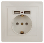 Розетка Intro Plano 1-410-02 с заземлением 2P+E Schuko со шторками, 16А-250В + 2хUSB 5В-2,1А, IP20, СУ, слоновая кость