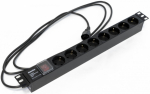 Hyperline SHE19-8SH-S-2.5IEC Блок розеток для 19" шкафов, горизонтальный, с выключателем с подсветкой, 8 розеток Schuko (10A), 250В, кабель питания 3х
