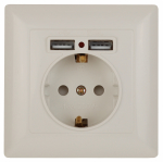Розетка Intro Solo 4-410-02 с заземлением P+E Schuko со шторками, 16А-250В + 2хUSB, IP20, СУ, слоновая кость