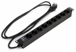 Hyperline SHE19-9SH-2.5EU Блок розеток для 19" шкафов, горизонтальный, 9 розеток Schuko (16A), 250В, кабель питания 3х1.5мм2, длина 2.5 м, с вилкой Sc
