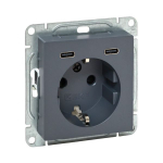 Механизм розетки с USB-C - 2шт, 16А, с заземлением, со шторками, графит Эпика EKF